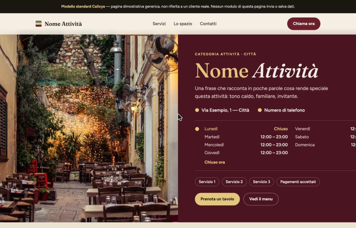 Anteprima del modello Caldo & Conviviale: colori di terra, titolo in grande e riquadro con orari e indirizzo