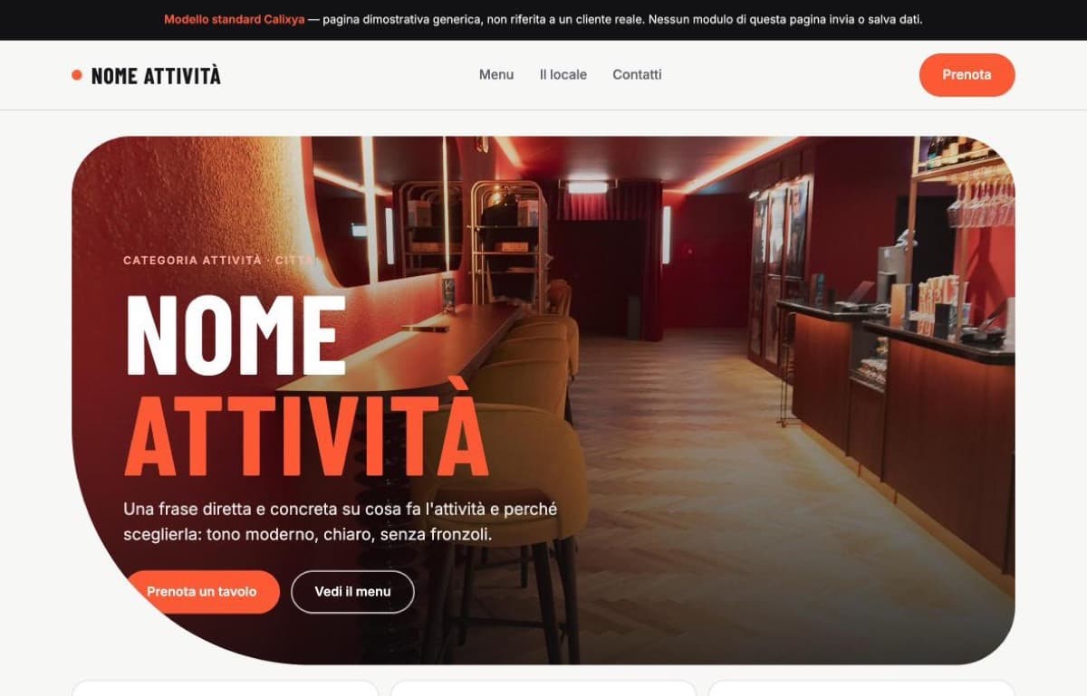 Anteprima del modello Moderno & Essenziale: titolo in grande, accento arancione e riquadri con i dati principali