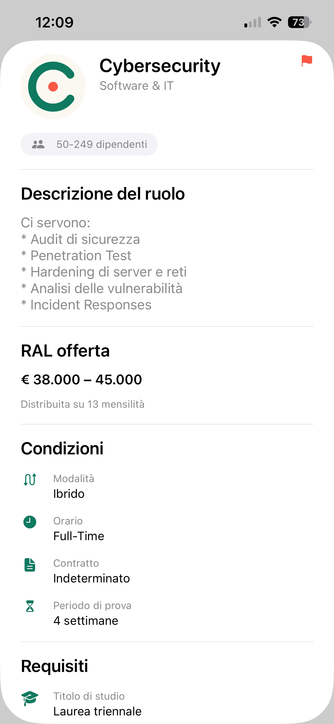 Annuncio azienda aperto, vista candidato — ruolo, retribuzione e condizioni