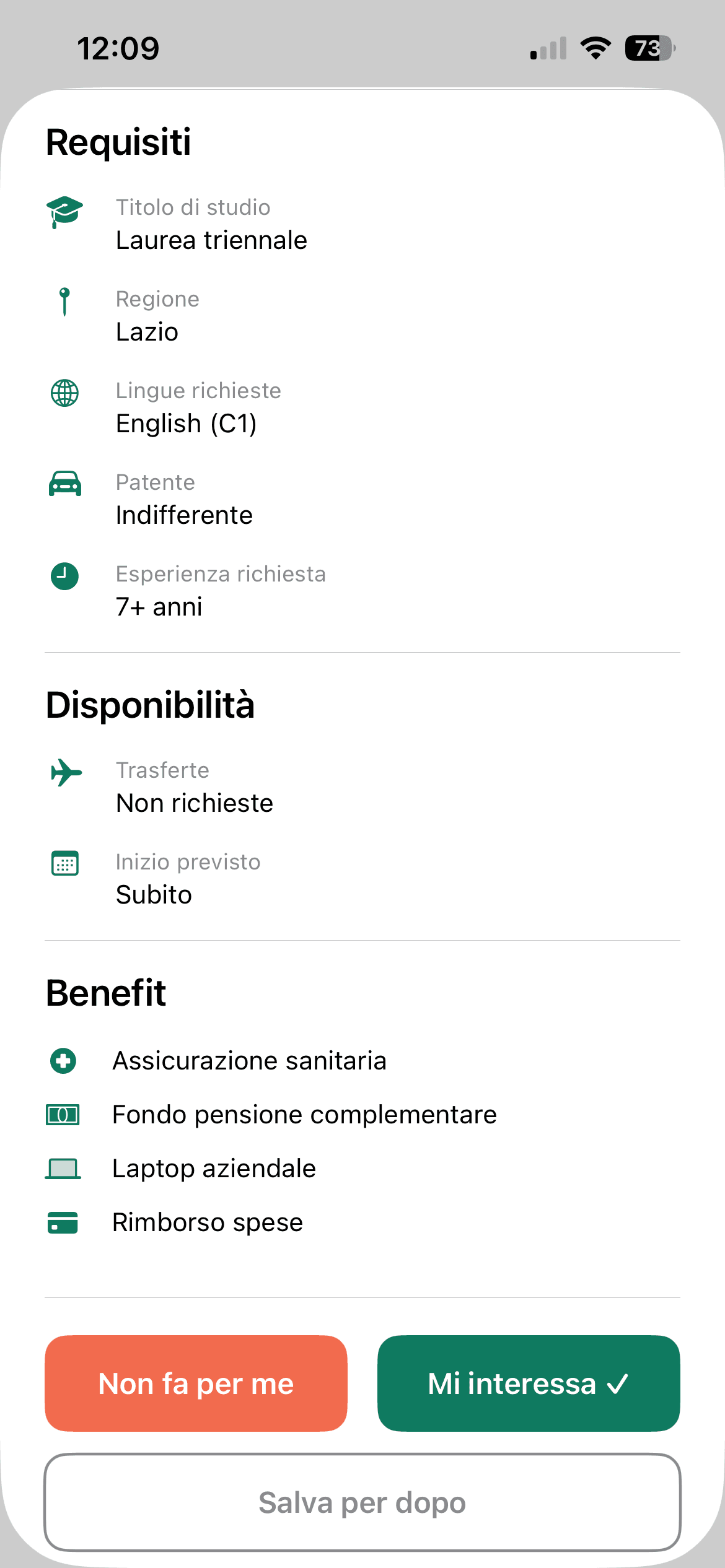 Annuncio azienda aperto, vista candidato — requisiti, disponibilità e benefit